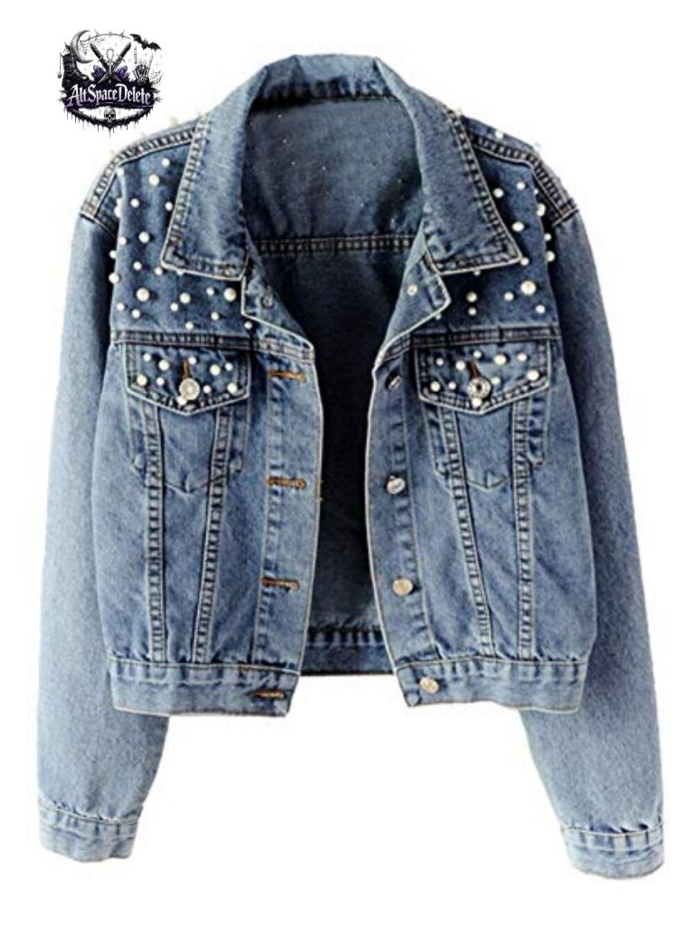 Oversized Denim Jacket with Pearl Beading Embroidered Button Up Coat